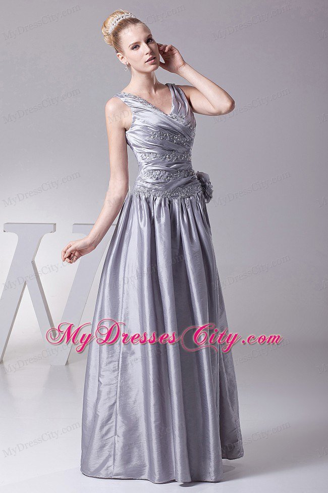 Silver V-neck Hand Made Flower Dress for Prom With Appliques