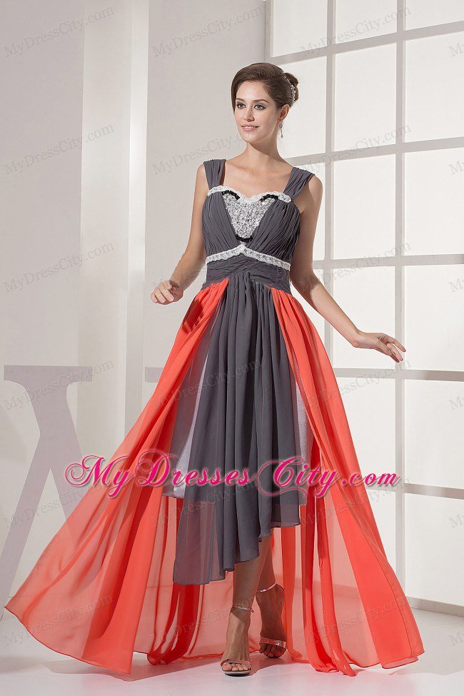 Lovely Colorful High-low Straps Ruched and Beaded Prom Dress