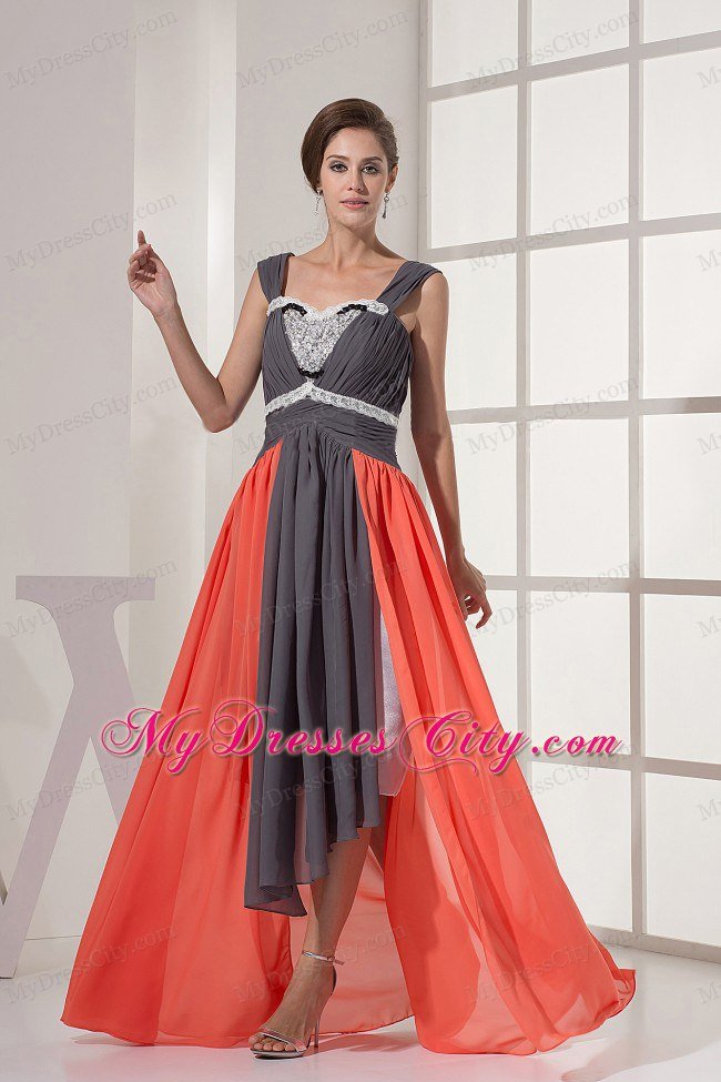 Lovely Colorful High-low Straps Ruched and Beaded Prom Dress