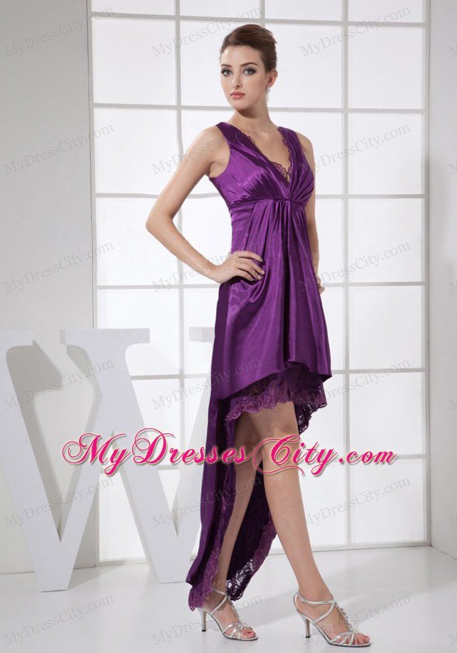 Custom Made V-neck Purple High-low Dress for Prom with Lace