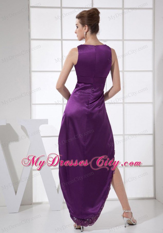 Custom Made V-neck Purple High-low Dress for Prom with Lace