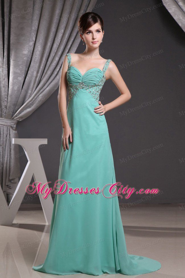 Beaded Turquoise Straps Prom Dress with Ruched Brush Train