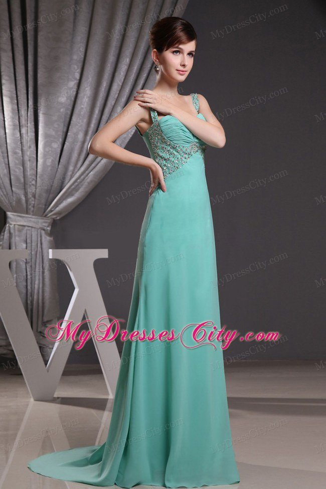 Beaded Turquoise Straps Prom Dress with Ruched Brush Train