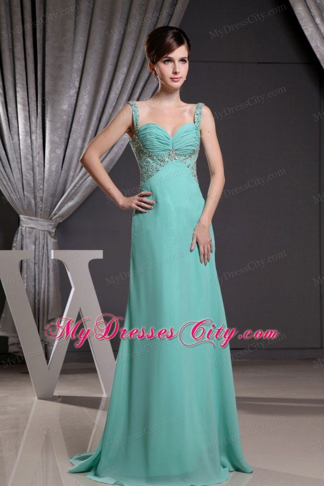 Beaded Turquoise Straps Prom Dress with Ruched Brush Train