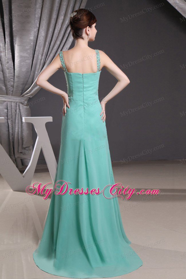 Beaded Turquoise Straps Prom Dress with Ruched Brush Train