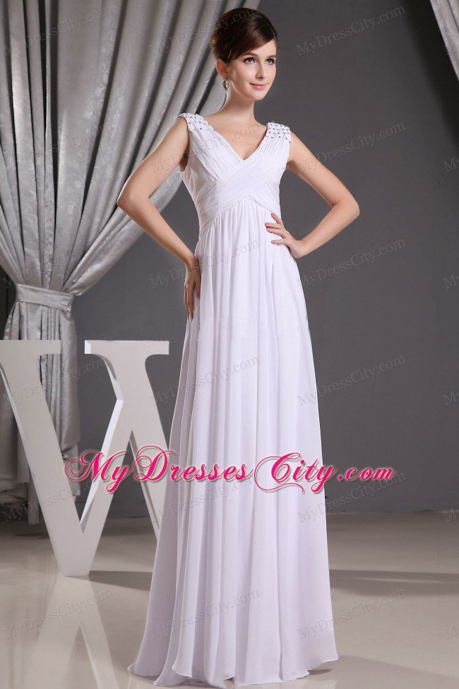 White V-neck Beading Ruched Prom Dresses for Formal Evening