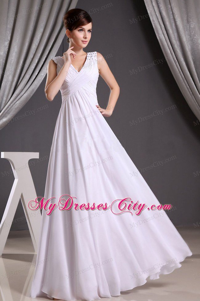 White V-neck Beading Ruched Prom Dresses for Formal Evening