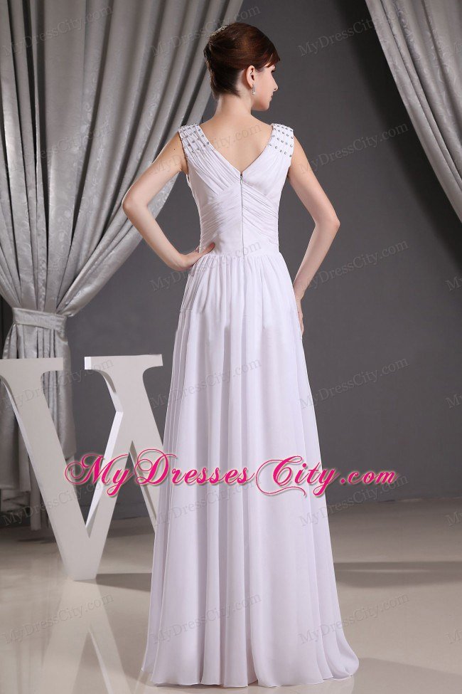 White V-neck Beading Ruched Prom Dresses for Formal Evening