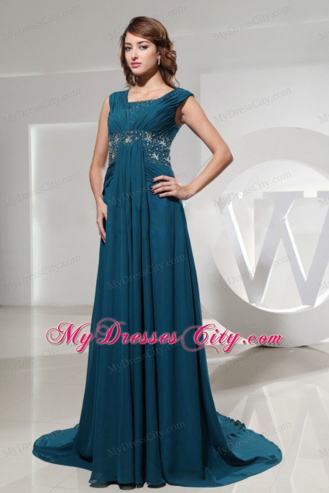 Square Blue Beading Prom Dresses Brush Train for Military Ball