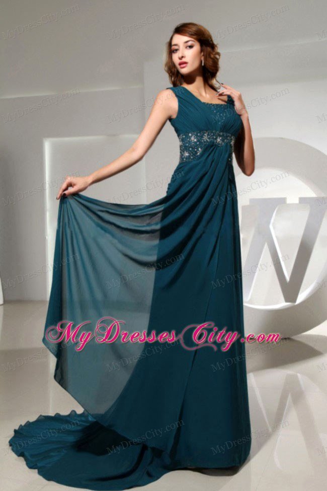 Square Blue Beading Prom Dresses Brush Train for Military Ball