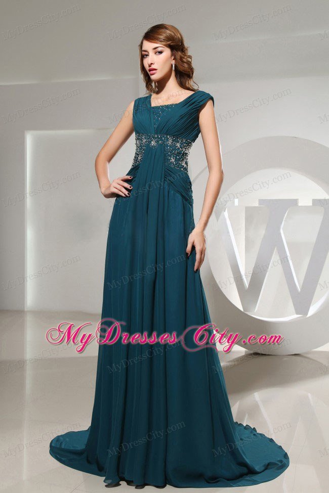 Square Blue Beading Prom Dresses Brush Train for Military Ball