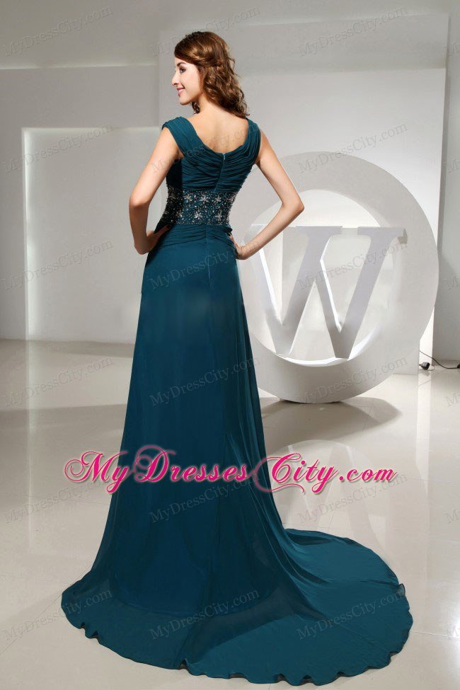 Square Blue Beading Prom Dresses Brush Train for Military Ball