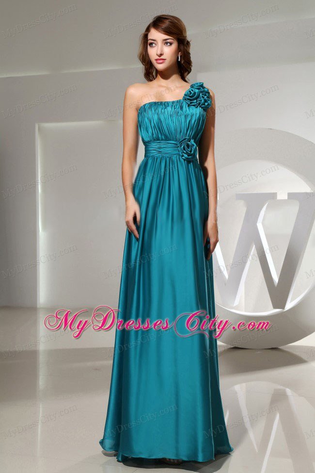 Hand Made Flowers One Shoulder Teal Formal Prom Dress Ruched