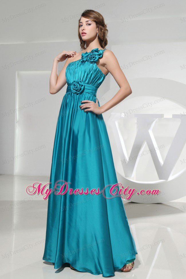 Hand Made Flowers One Shoulder Teal Formal Prom Dress Ruched