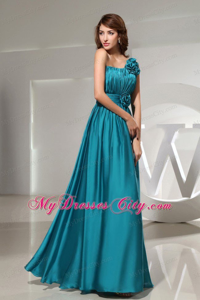 Hand Made Flowers One Shoulder Teal Formal Prom Dress Ruched