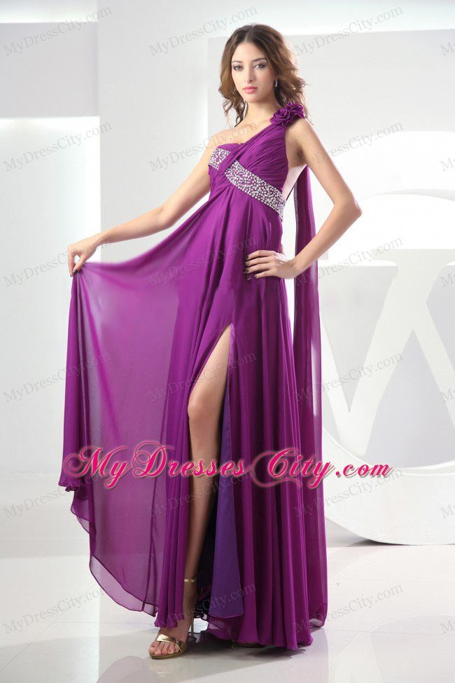 High Slit Fuchsia Watteau Prom Dresses Chiffon One Shoulder