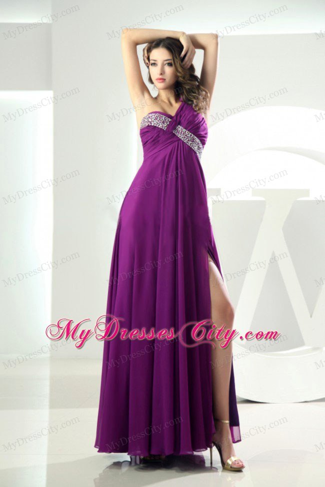 High Slit Fuchsia Watteau Prom Dresses Chiffon One Shoulder