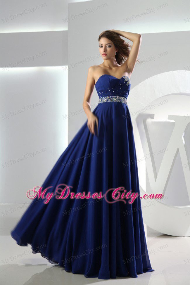 Beaded Pleating Sweetheart Chiffon Royal Blue Prom Dresses