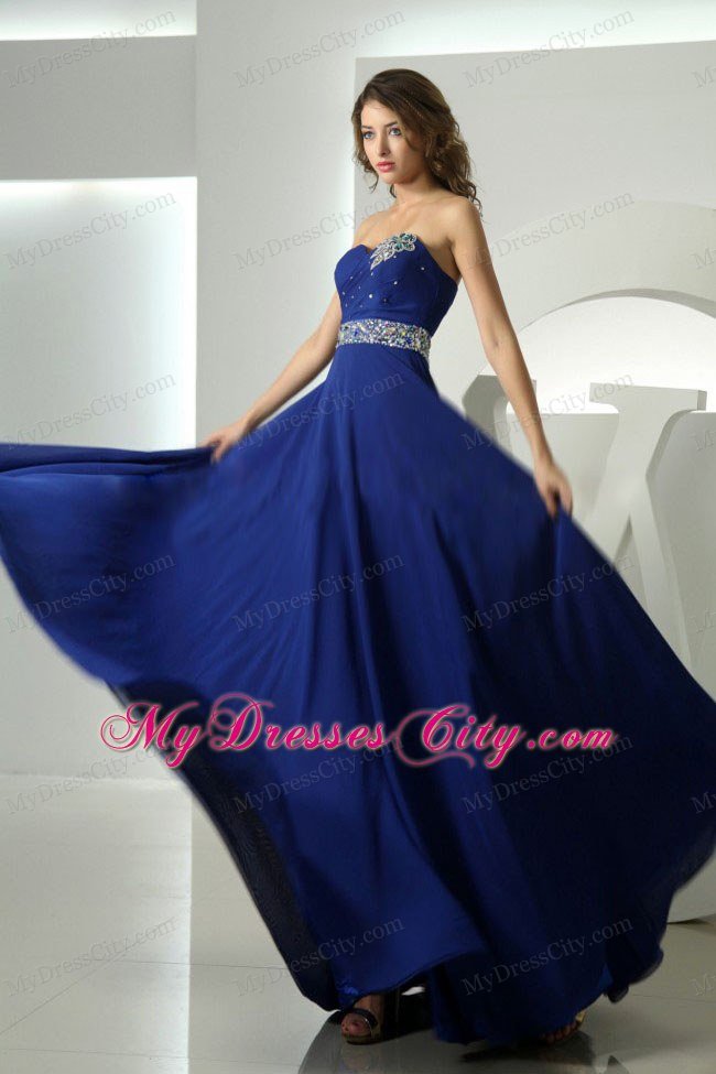 Beaded Pleating Sweetheart Chiffon Royal Blue Prom Dresses