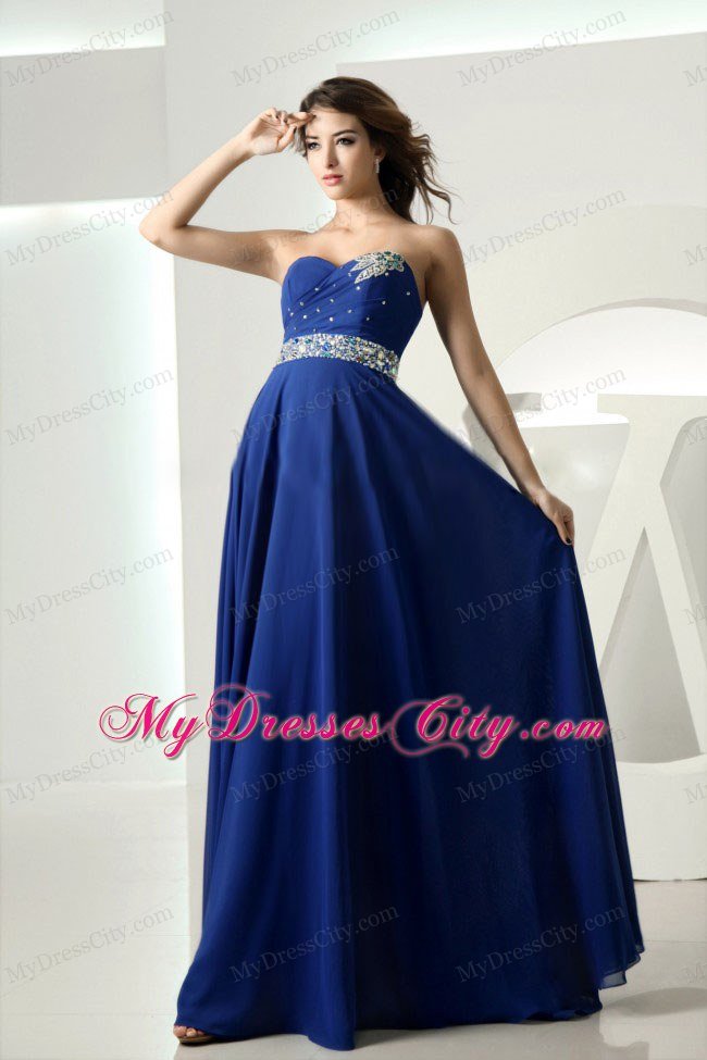 Beaded Pleating Sweetheart Chiffon Royal Blue Prom Dresses