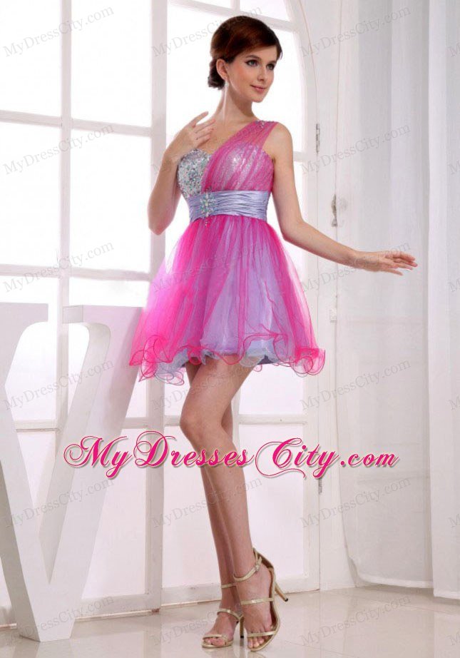 Beading One Shoulder Hot Pink Organza Cocktail Prom Dresses