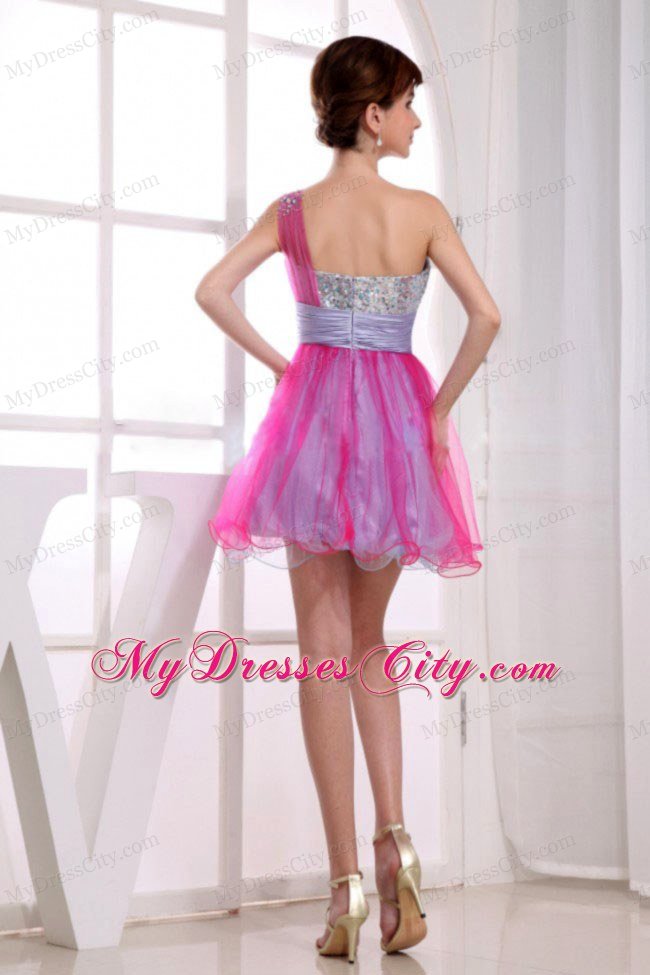 Beading One Shoulder Hot Pink Organza Cocktail Prom Dresses