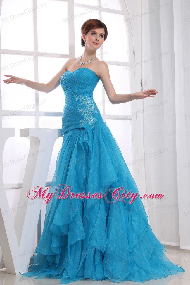 Ruffled Layers Ruched Organza Aqua Blue Beaded Prom Dresses