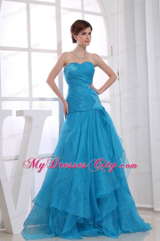 Ruffled Layers Ruched Organza Aqua Blue Beaded Prom Dresses