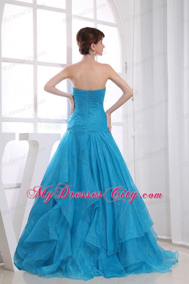 Ruffled Layers Ruched Organza Aqua Blue Beaded Prom Dresses