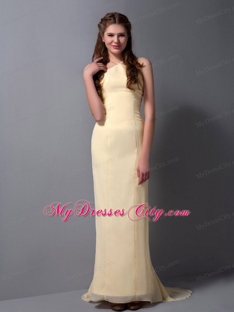 Halter Light Yellow 2013 Prom Dresses Brush Train Chiffon