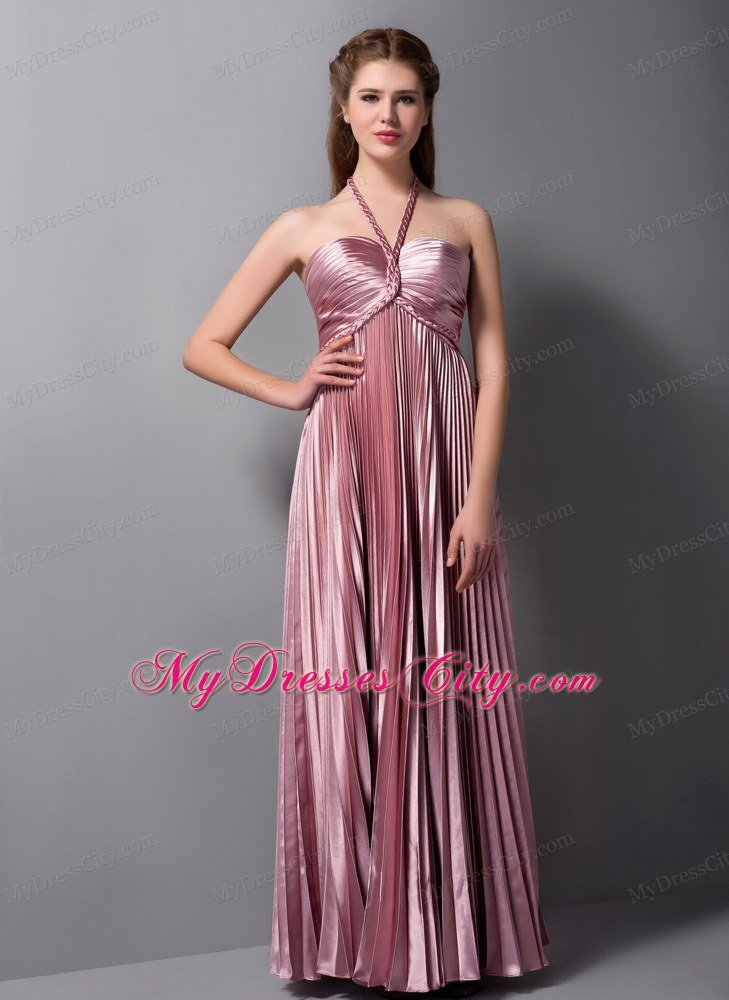 Pleated Halter Pink Elastic Woven Satin Prom Evening Dress