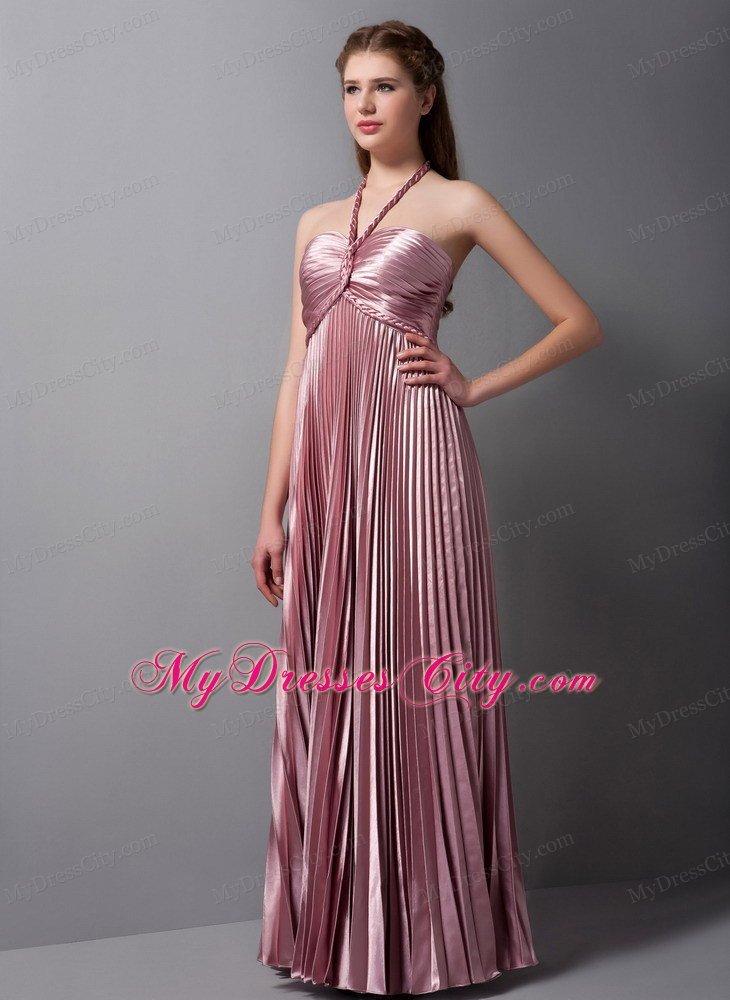 Pleated Halter Pink Elastic Woven Satin Prom Evening Dress