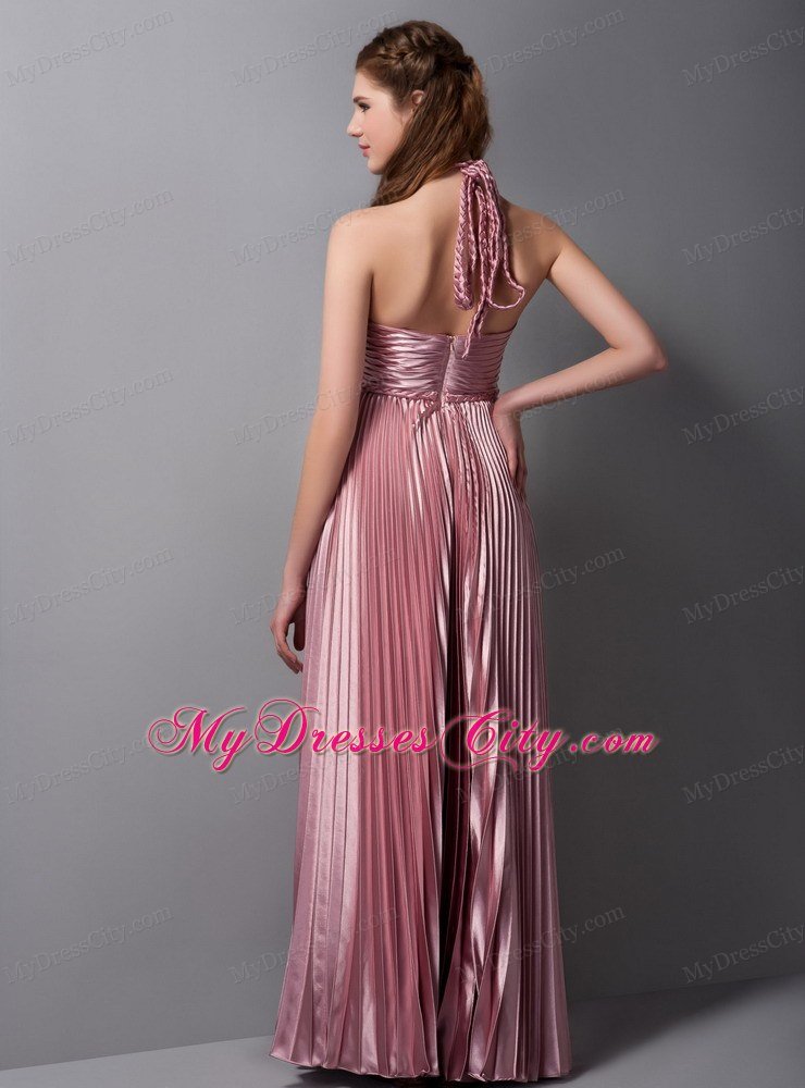 Pleated Halter Pink Elastic Woven Satin Prom Evening Dress