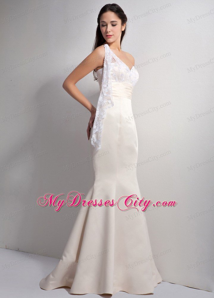 Lace One Shoulder Mermaid Celebrity Prom Dress Ruching White