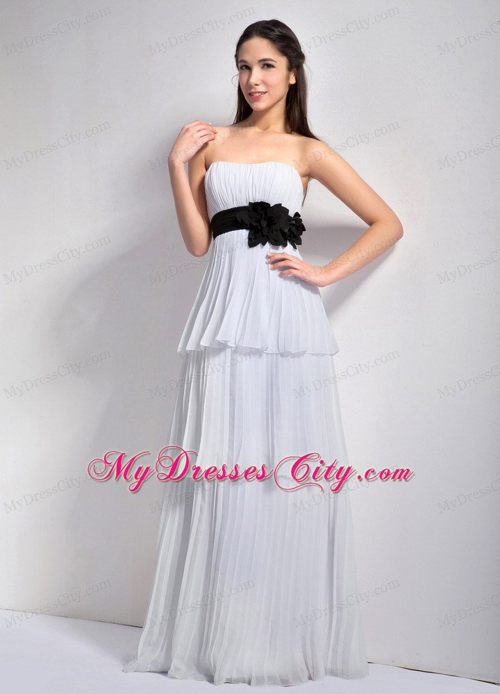 White Layered Hand Made Flower Black Belt Chiffon Prom Dress