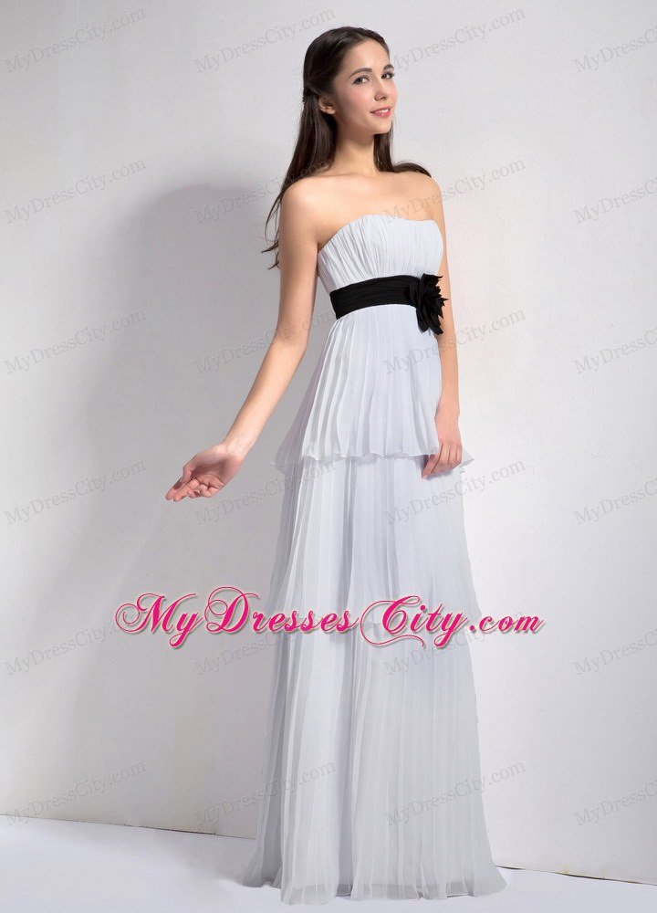 White Layered Hand Made Flower Black Belt Chiffon Prom Dress