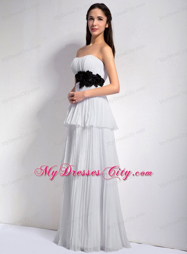 White Layered Hand Made Flower Black Belt Chiffon Prom Dress