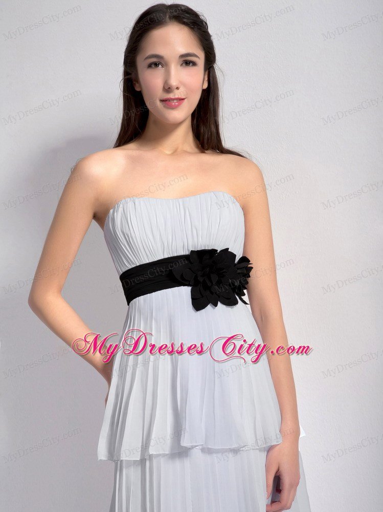 White Layered Hand Made Flower Black Belt Chiffon Prom Dress