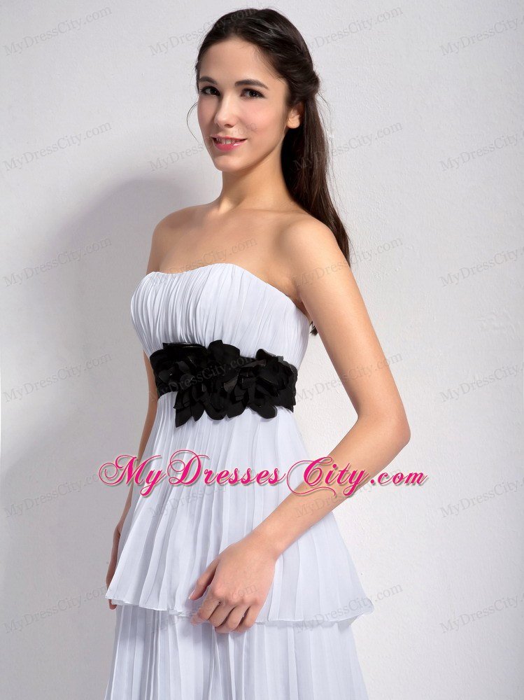 White Layered Hand Made Flower Black Belt Chiffon Prom Dress