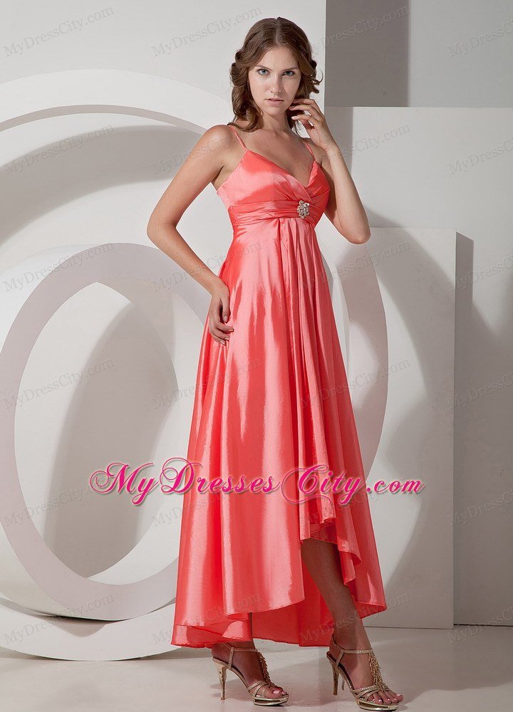 Watermelon Red Spaghetti Straps Asymmetrical Prom Dresses