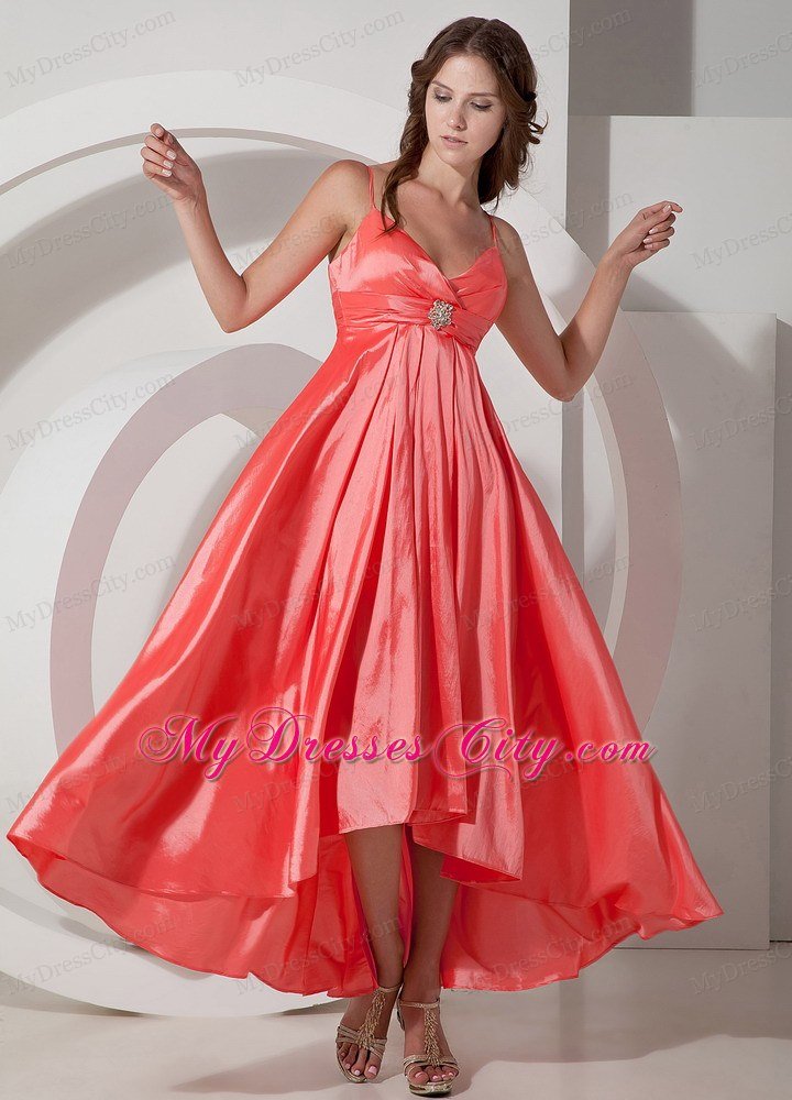 Watermelon Red Spaghetti Straps Asymmetrical Prom Dresses