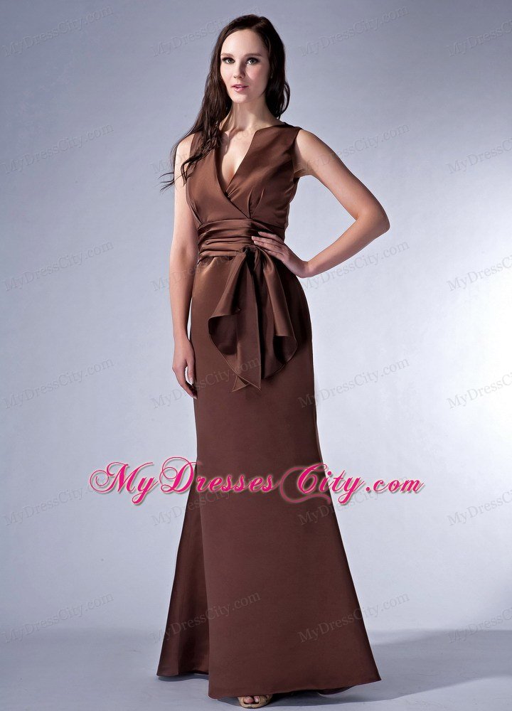 Brown V-neck Sashed Prom Dress Ruched with Peekaboo Keyhole