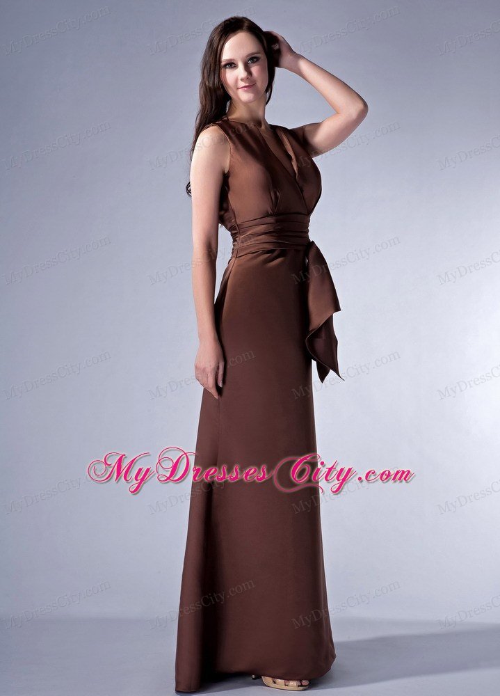 Brown V-neck Sashed Prom Dress Ruched with Peekaboo Keyhole