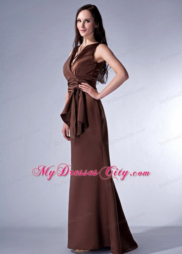 Brown V-neck Sashed Prom Dress Ruched with Peekaboo Keyhole