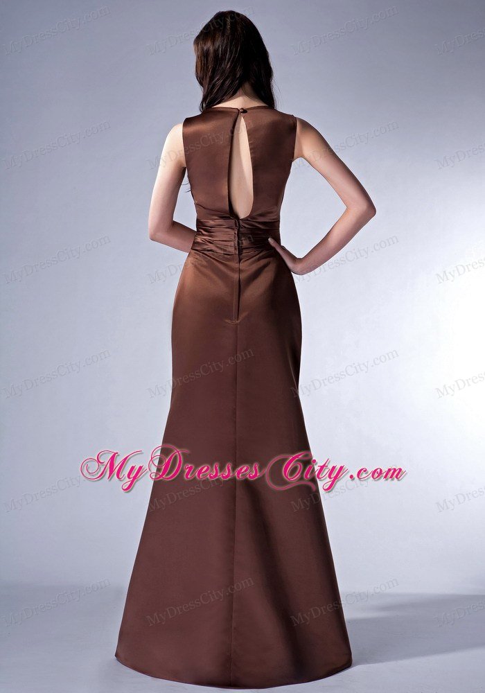 Brown V-neck Sashed Prom Dress Ruched with Peekaboo Keyhole