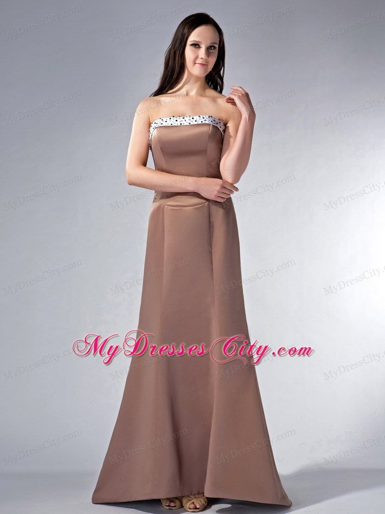 Beaded Satin Brown and White Prom Dress with Button Back