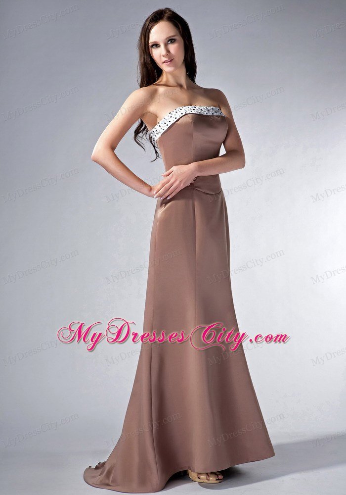 Beaded Satin Brown and White Prom Dress with Button Back