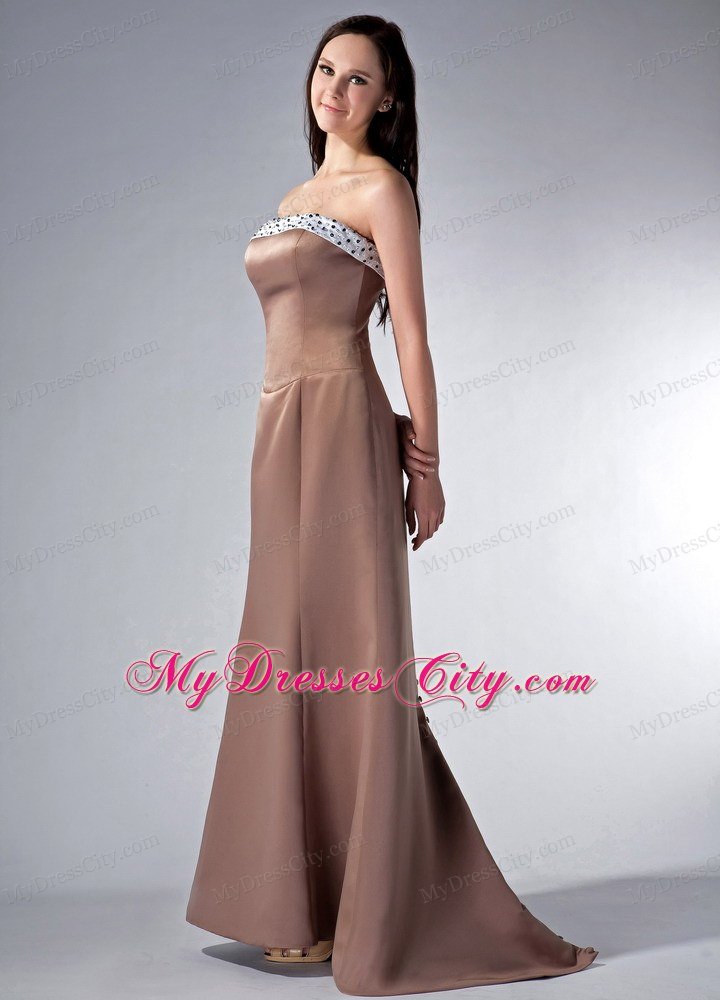 Beaded Satin Brown and White Prom Dress with Button Back