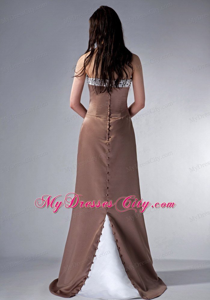 Beaded Satin Brown and White Prom Dress with Button Back