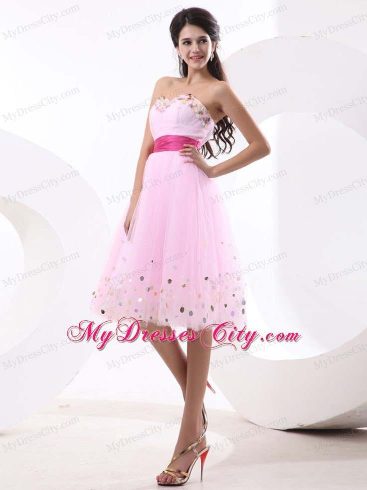 Sequin Colored Sash Baby Pink Short Cocktail Prom Dress